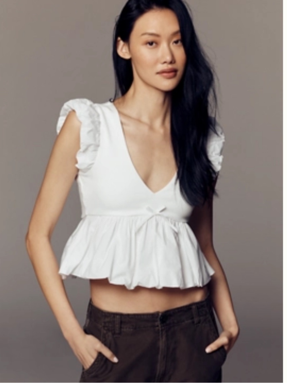 Anthropologie Maeve White Ruffled V-Neck Peplum Top